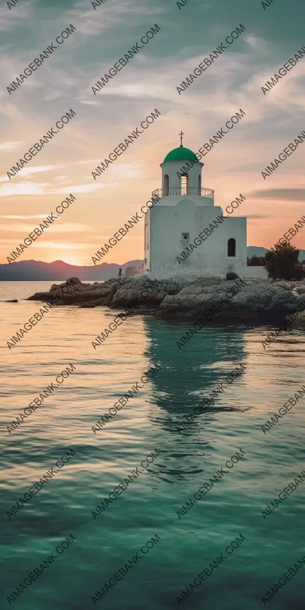 Enchanting Evening: Dark Sunset over Greek White Orthodox Church in Isolation