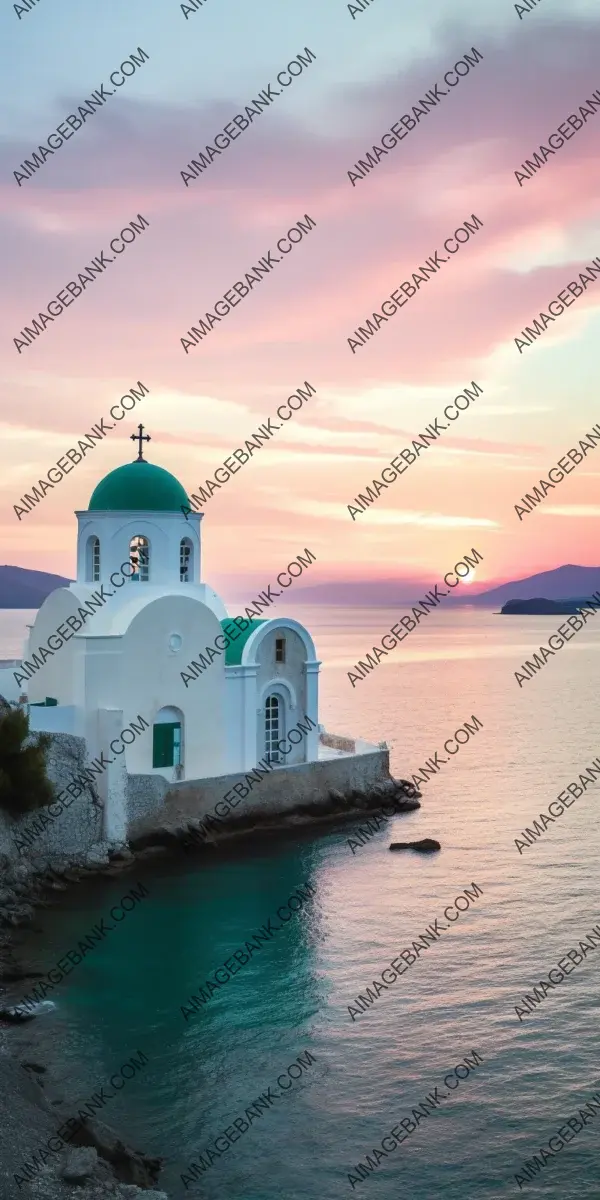 Serene Dusk: Dark Sunset over Greek White Orthodox Church in Isolation