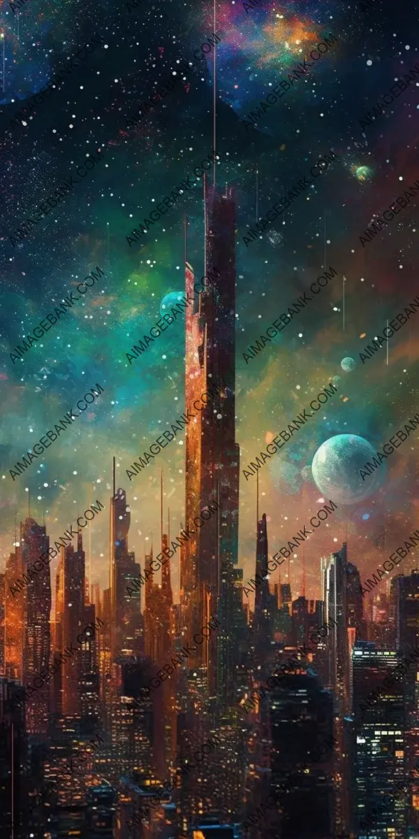 Cosmic Cityscape: Futuristic City in Deep Space Cosmos Blowing Away