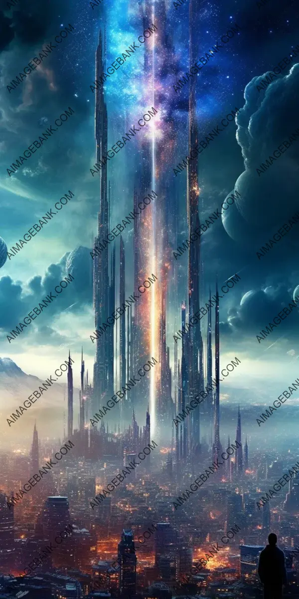 Enthralling Perspective: Futuristic City in Deep Space Cosmos Blowing Away