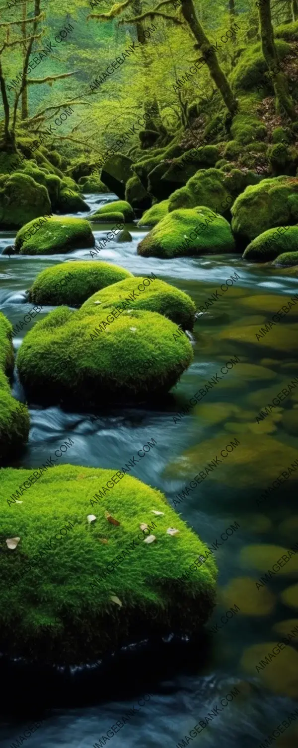 Shamrock&#8217;s embrace: Moss-covered stones near a rushing river