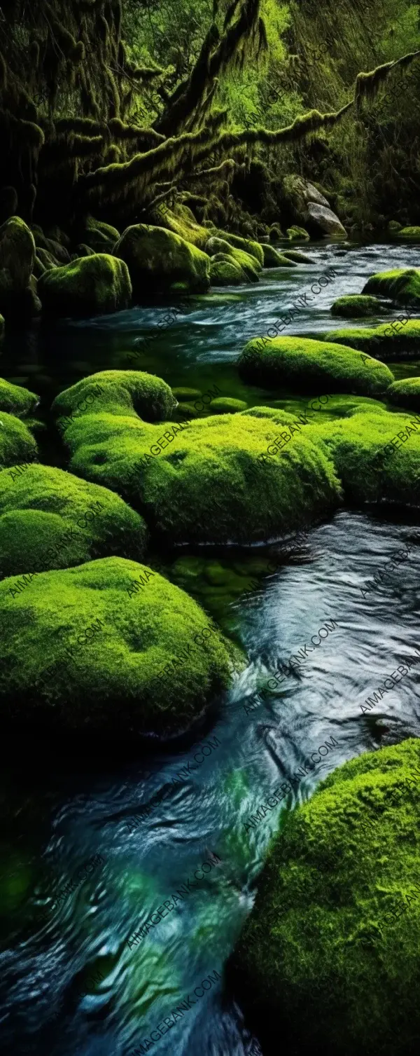 Tranquil waters: Mossy stones lining a rushing river in shamrock&#8217;s shade