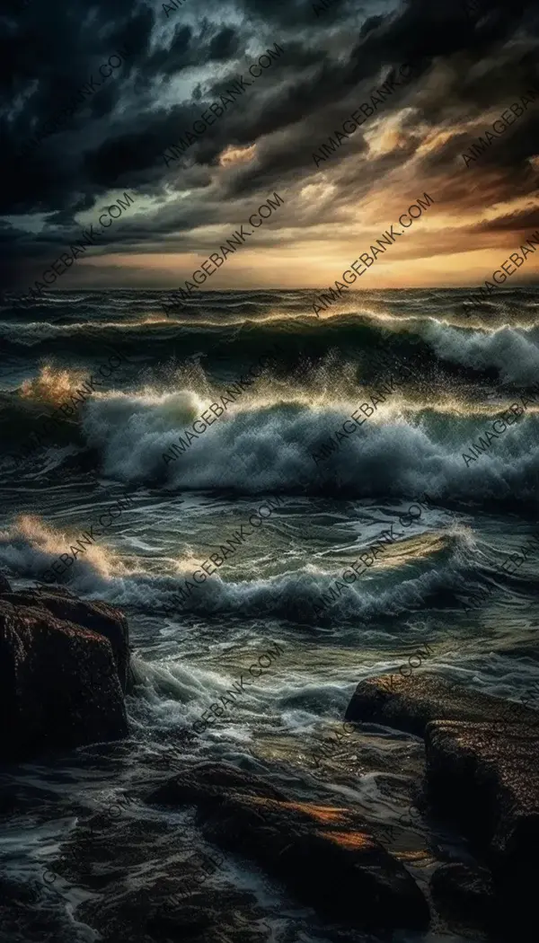 Dramatic sunset over stormy ocean captured through dark and cloudy Impressionism