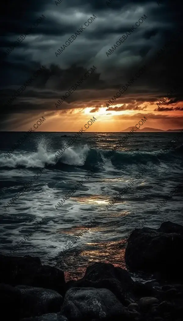 Impressionistic portrayal of a dark and cloudy sunset over a stormy ocean