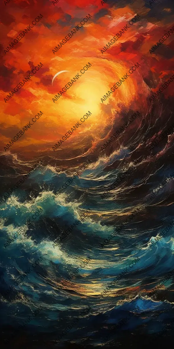 Mystical sunset over the stormy ocean shore painted with dark Impressionism