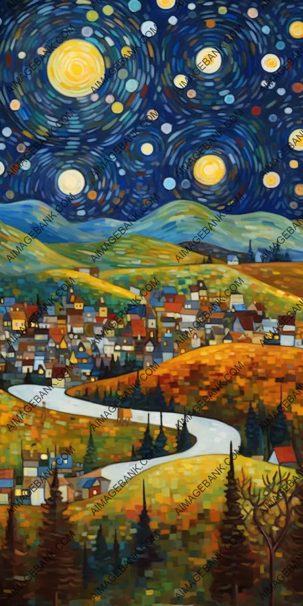 Klimt-inspired nights: A starry night sky over plains paying homage to Gustav Klimt&#8217;s artistic style