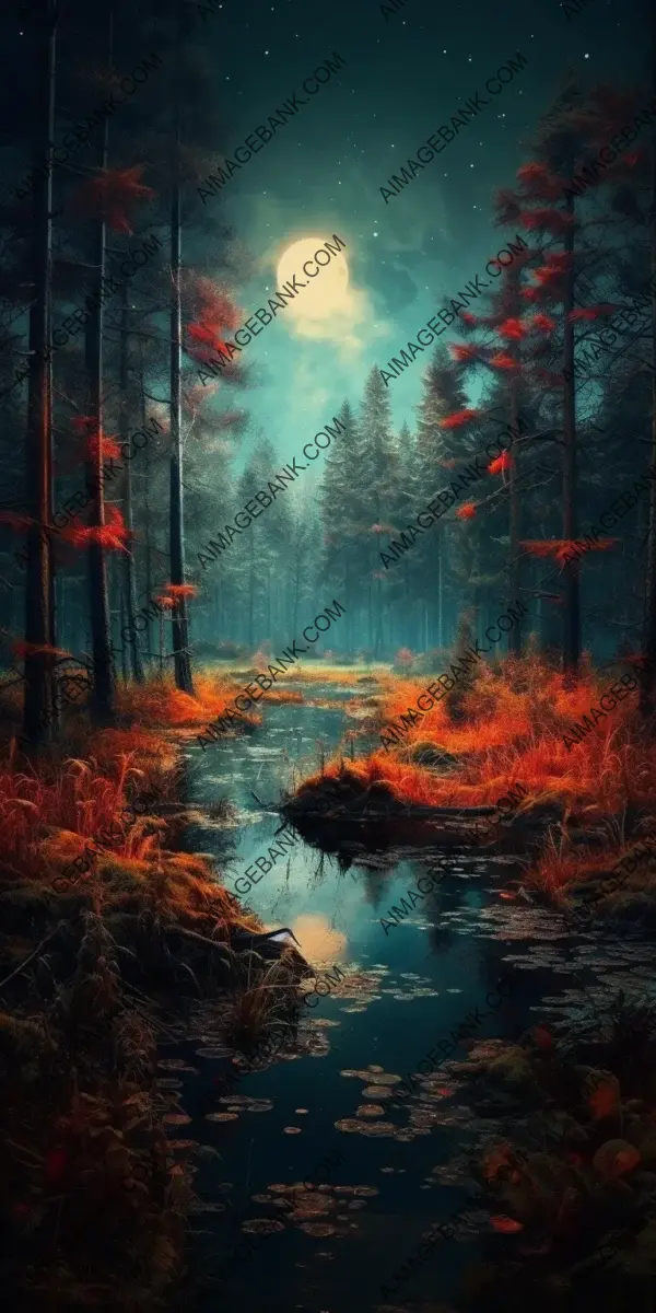 Colorful Autumn Night: Beautiful Landscape of a Forest Swamp