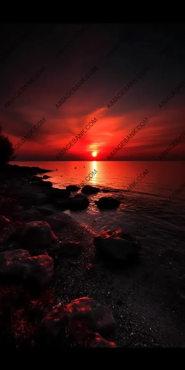 Beautiful Dark Red Sunset over the Sea Shore at Night