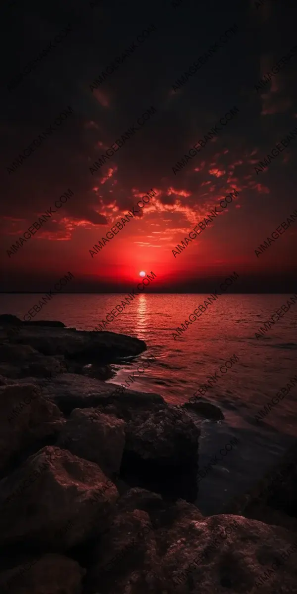 Nighttime Beauty: Stunning Dark Red Sunset over the Sea Shore