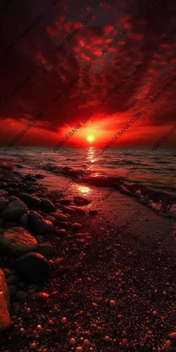 Captivating Dark Red Sunset over the Sea Shore at Night