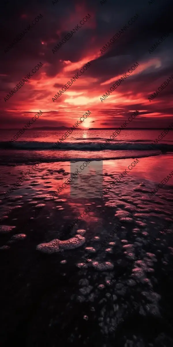 Scenic Dark Red Sunset: A Captivating Night View over the Sea Shore