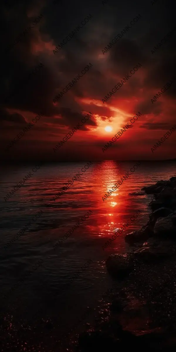 Nighttime Serenity: Beautiful Dark Red Sunset over the Sea Shore