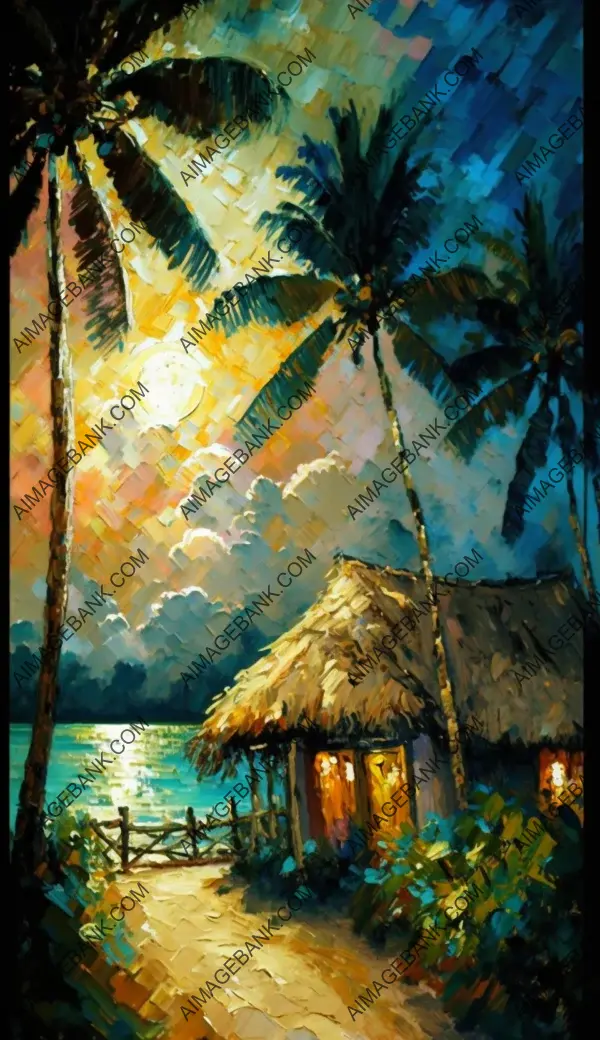 Tropical paradise: Fiji island resort with thatched roof and coconuts