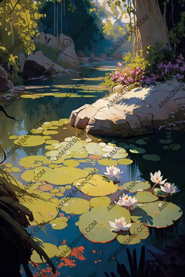 Serenity in a Japanese garden: water lilies, orchids, and lotus blooms