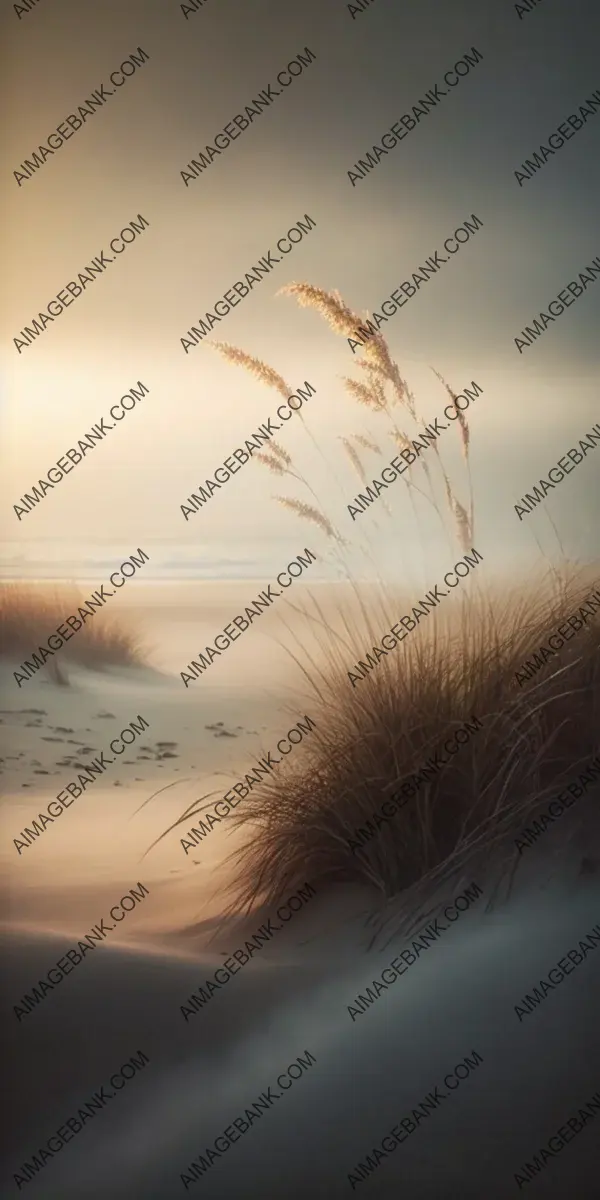 Tranquil minimalism: foggy shoreline, sandy dunes, and grass