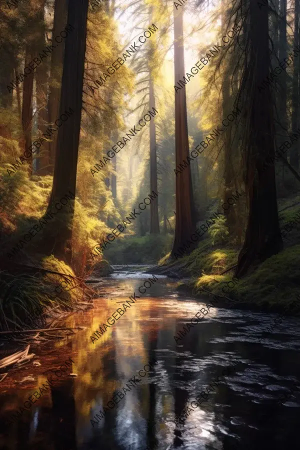 Captivating scenery: a peaceful river meanders through a tall redwood forest