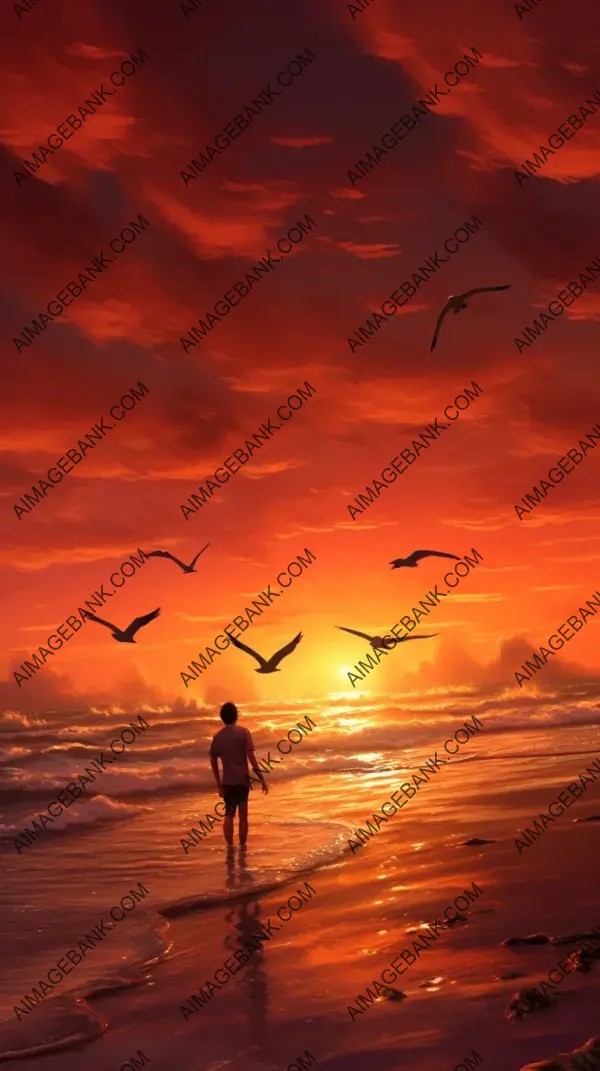 Breathtaking sunset beach scene: red sky, golden light, and joyful beachgoers