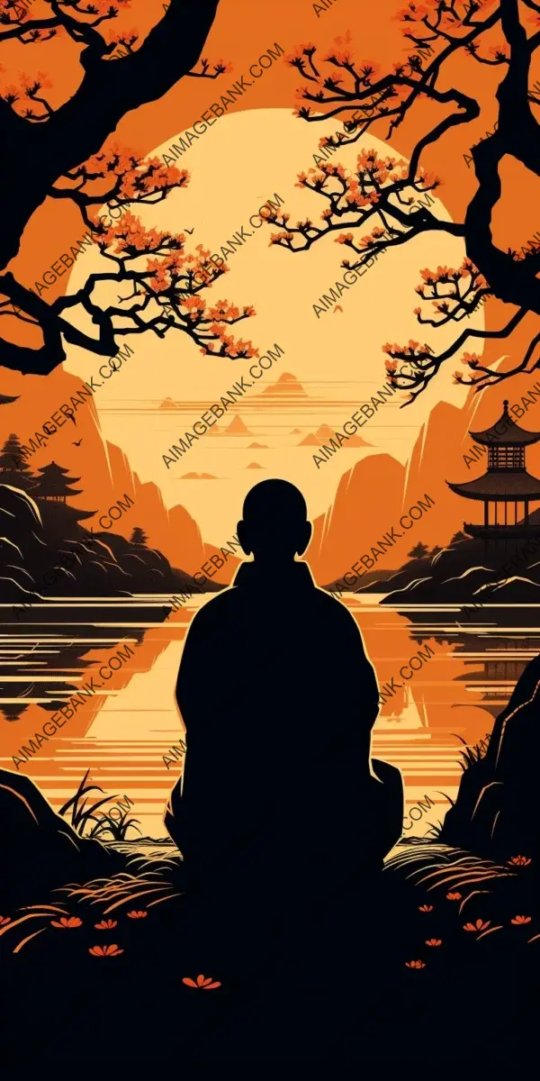 Serene Reflections: Meditating Monk by the Lakeside in a Japanese Setting