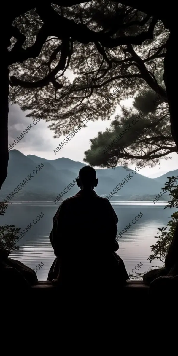 Journey to Tranquility: Meditating Monk in a Japanese Lakeside Ambiance