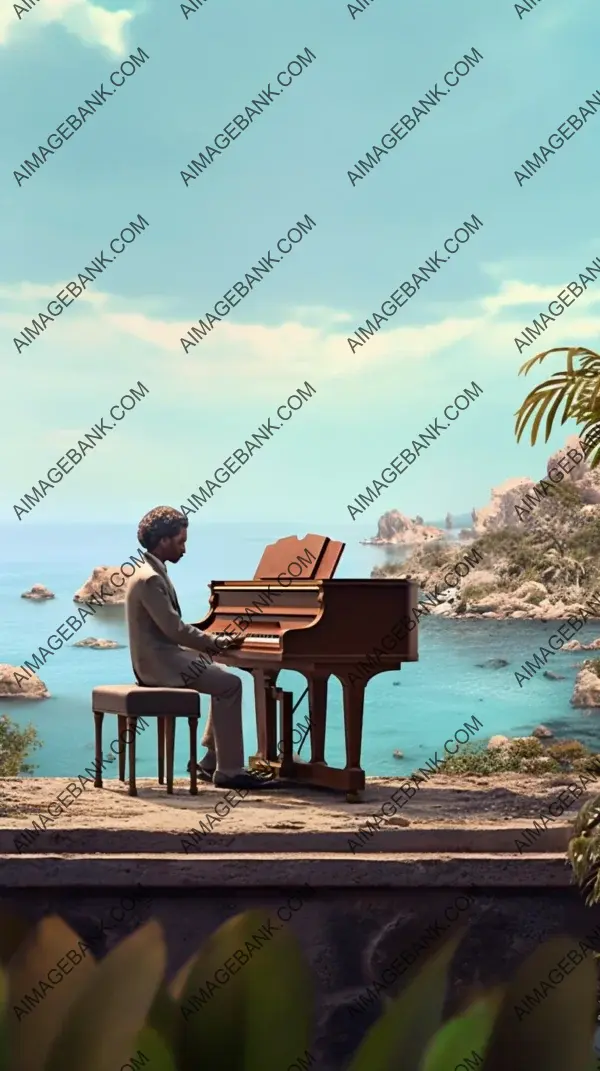 Musical Enchantment: A Man Playing Piano Amidst a Mesmerizing Backdrop