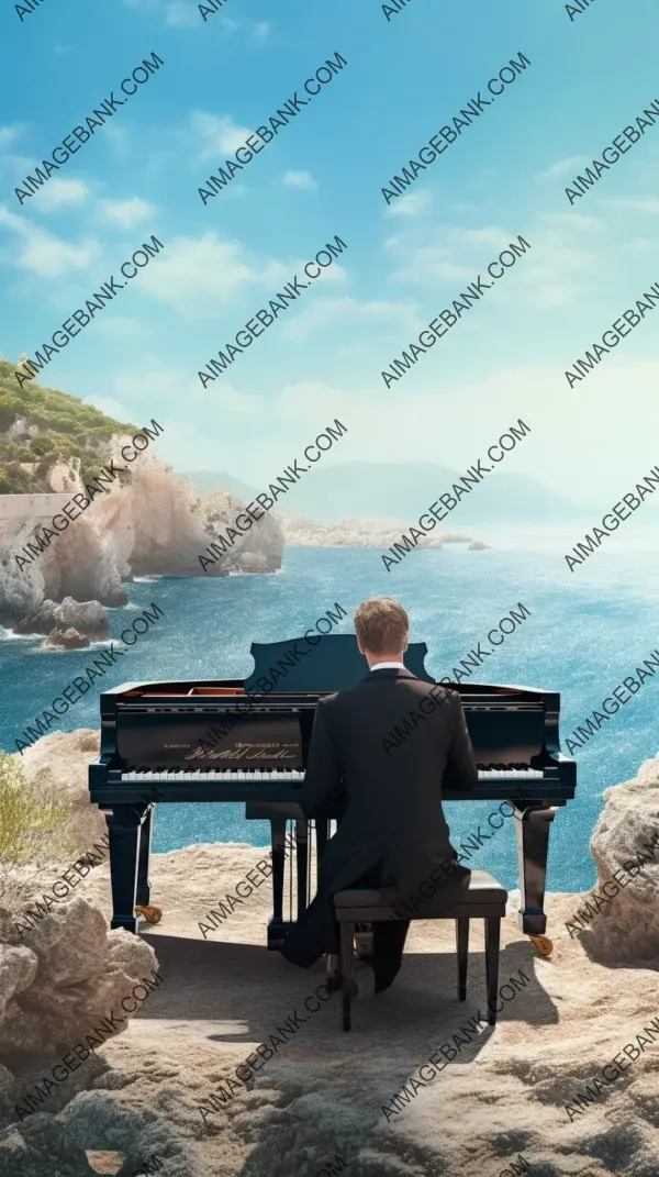 A Captivating Performance: Man Playing Piano against a Graceful Backdrop