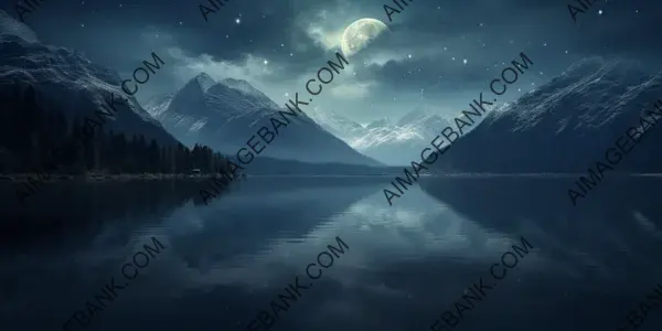 Moonlit Majesty: Serene Lake View with Towering Mountains