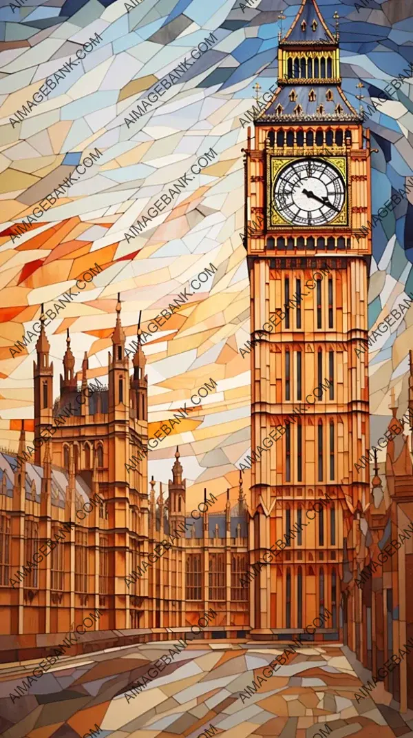 Captivating Artistry: Big Ben in a Painterly Wood Veneer Mosaic