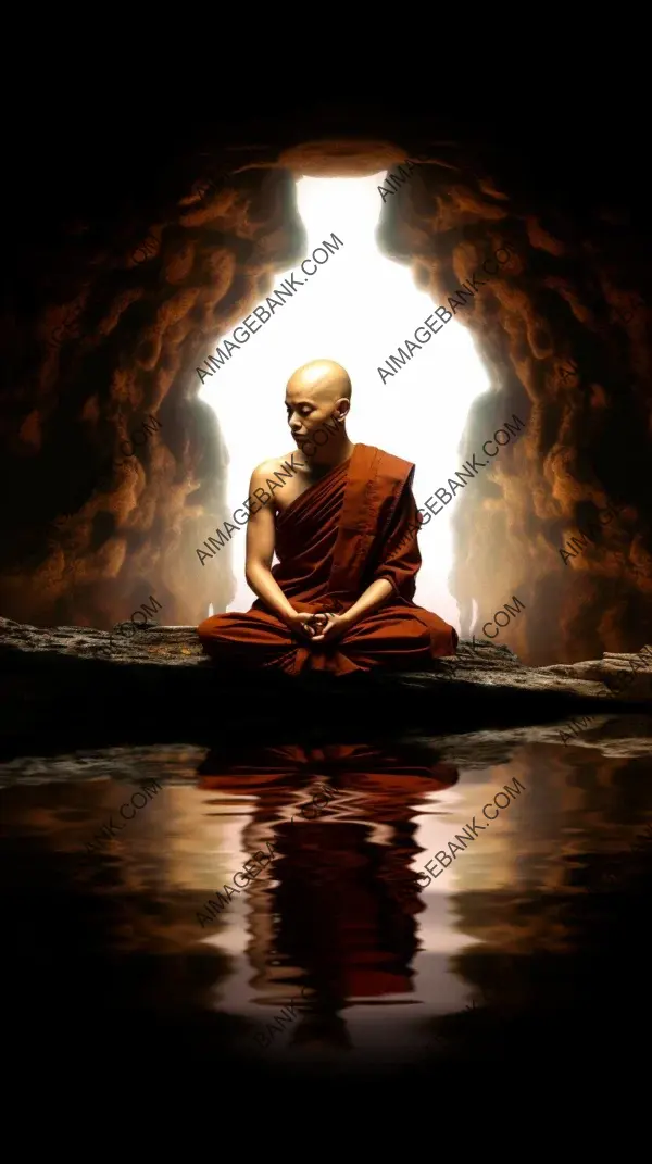 Buddhist monk meditating lake cave