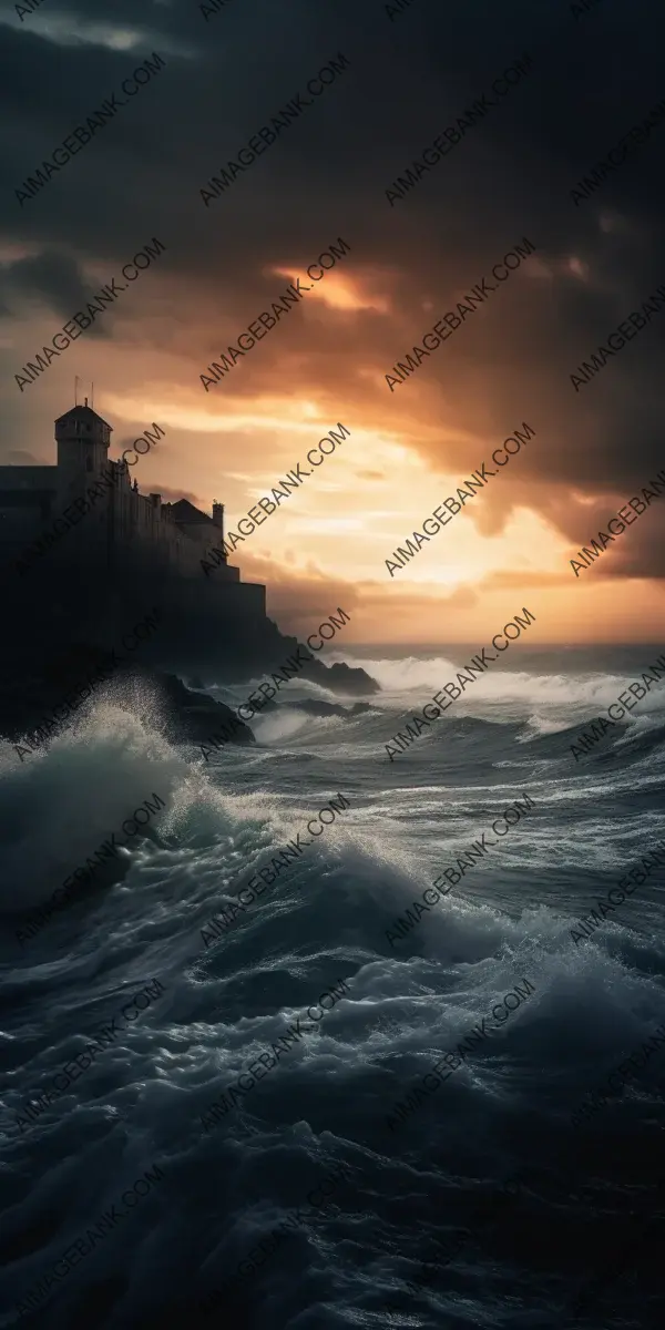 Dark Sunset over Citadel with Stormy Ocean and Huge Waves