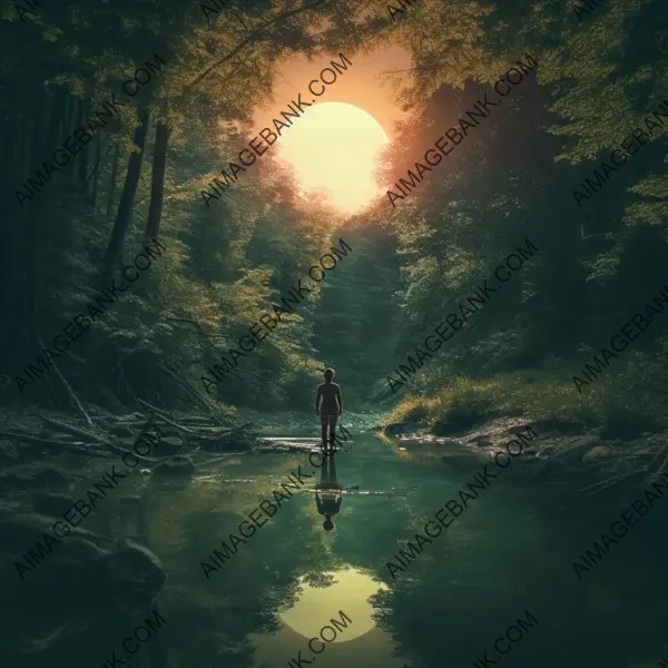 Artistic depiction of a human forest by a moonlit river