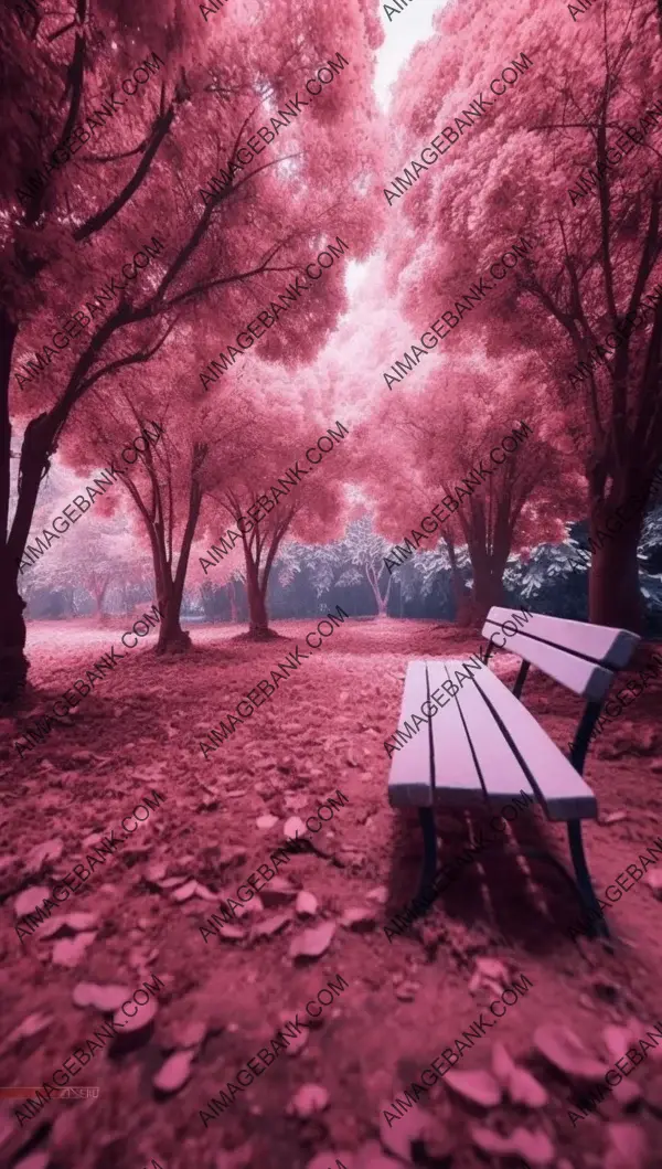 Park Bench Adorned with Pink Leaves