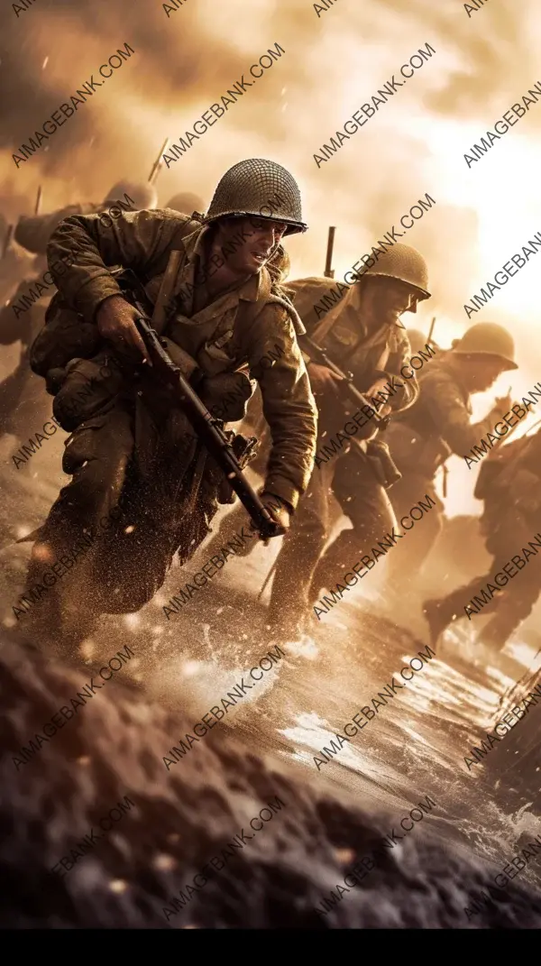 Captivating photograph of army troops assaulting the beach