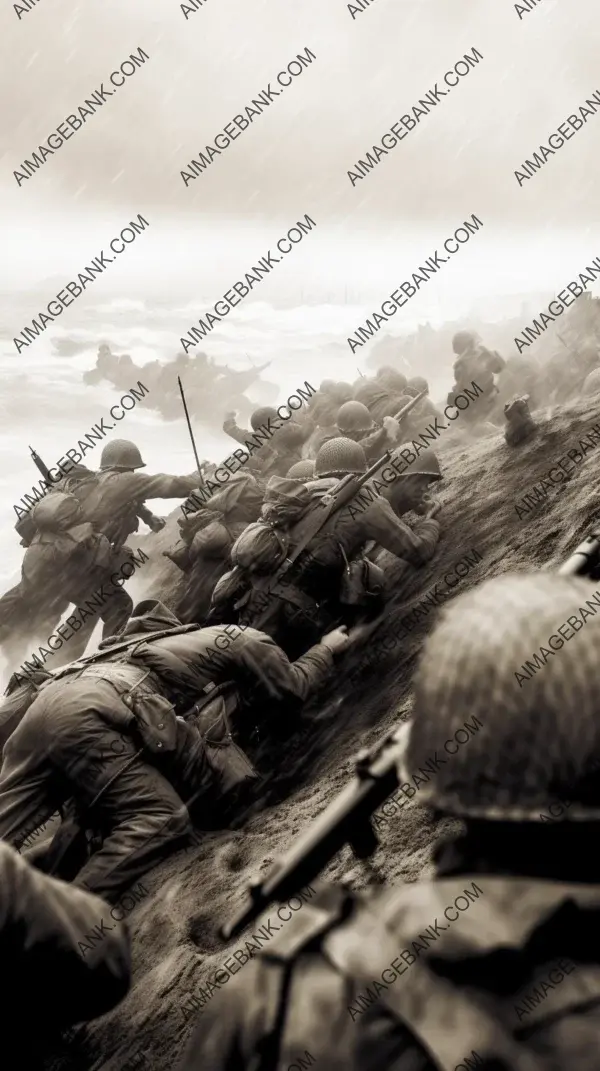 Compelling photograph of army troops bravely assaulting the beach