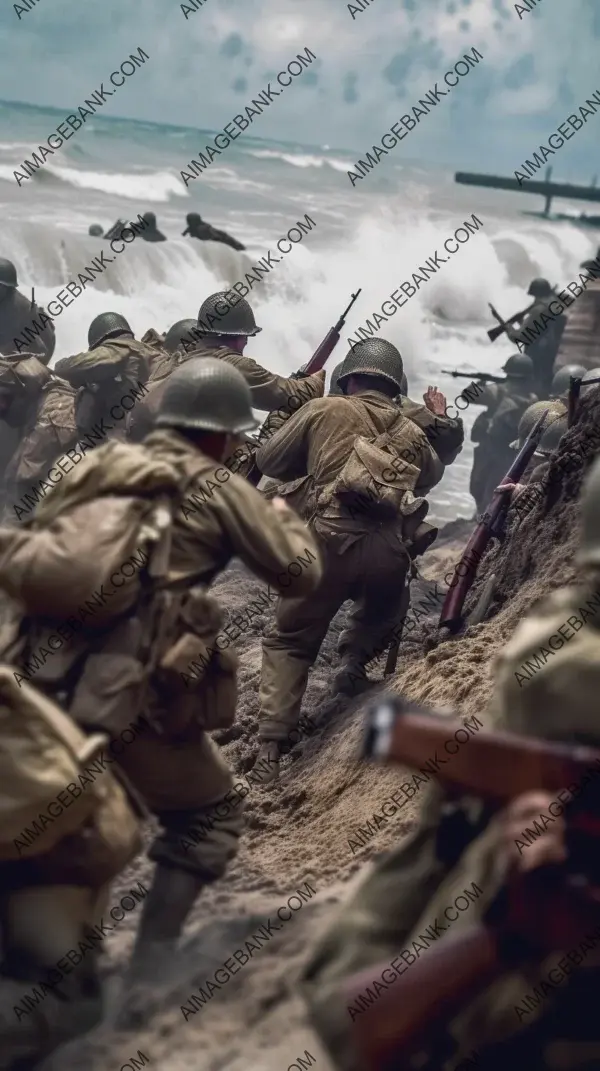 Emotive image depicts army troops in the midst of assaulting the beach