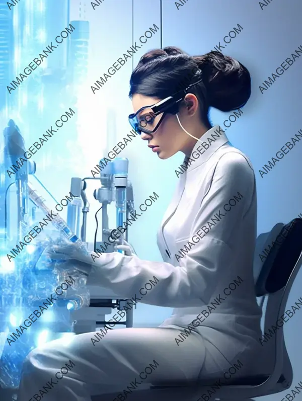 Embracing scientific exploration: a side view of a young female scientist sitting in a chair