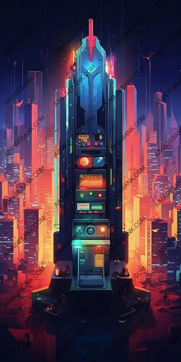 Futuristic Cityscape with Jukebox Skyscraper