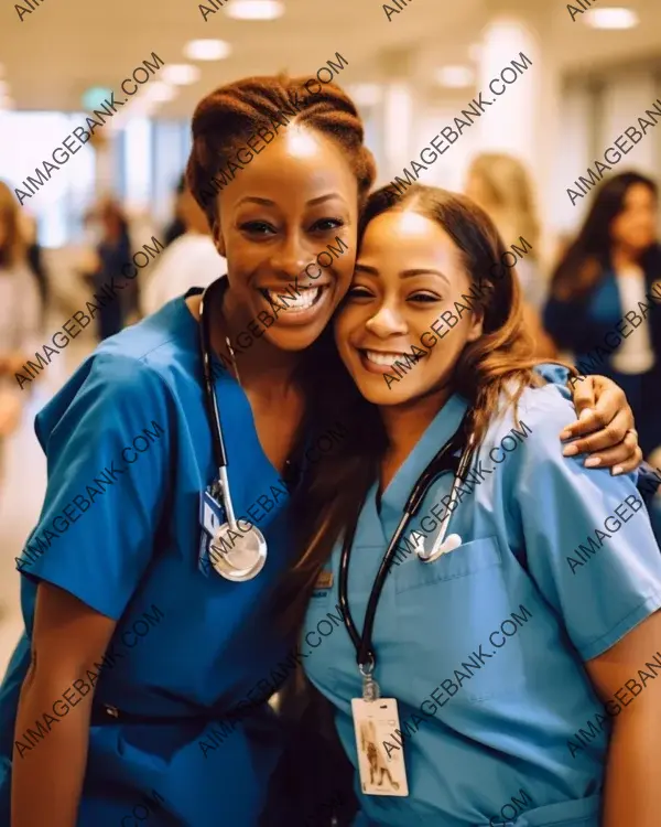 A photograph showcasing a cheerful nurse in her blue uniform