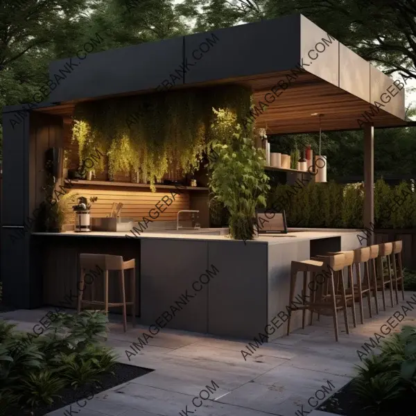 3D rendering of outdoor kitchen with wooden cabinet and stools