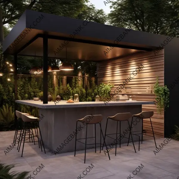 Captivating 3D representation of an outdoor kitchen with wooden cabinet and stools