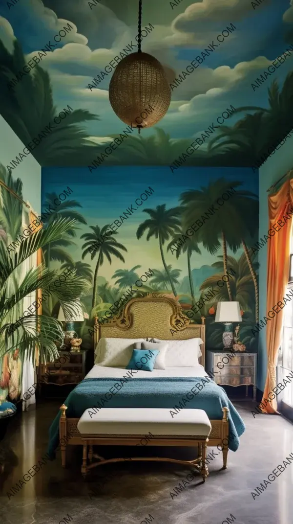 Elevate your living space with palm-inspired murals in an eclectic master suite