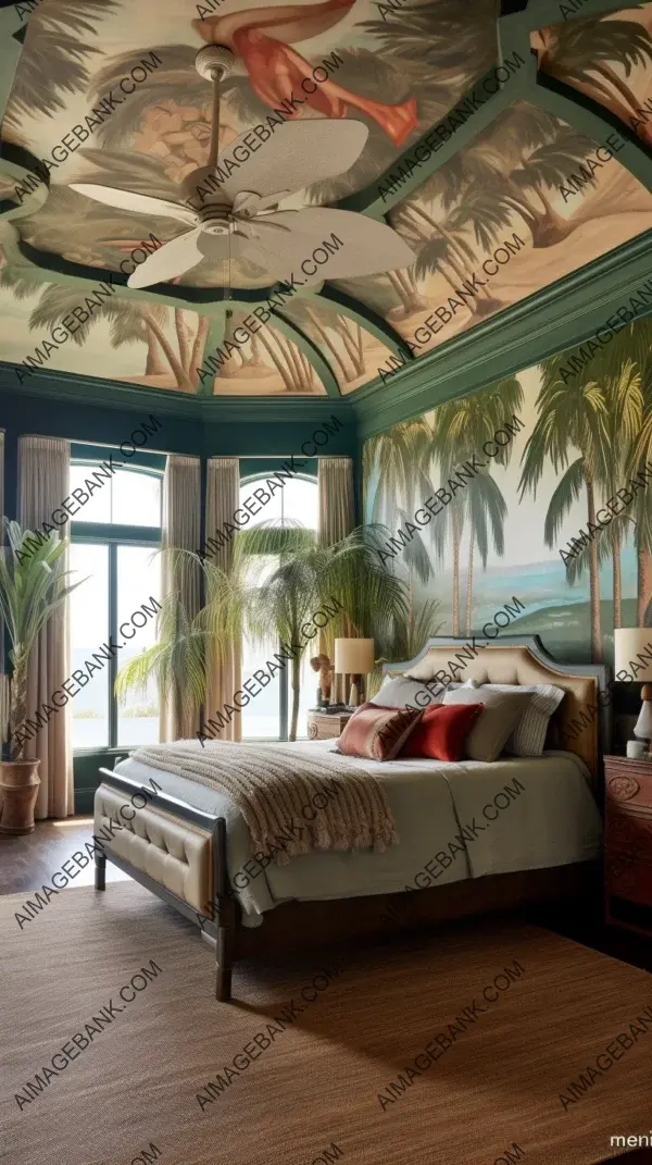 Eclectic master suite with captivating palm-inspired murals