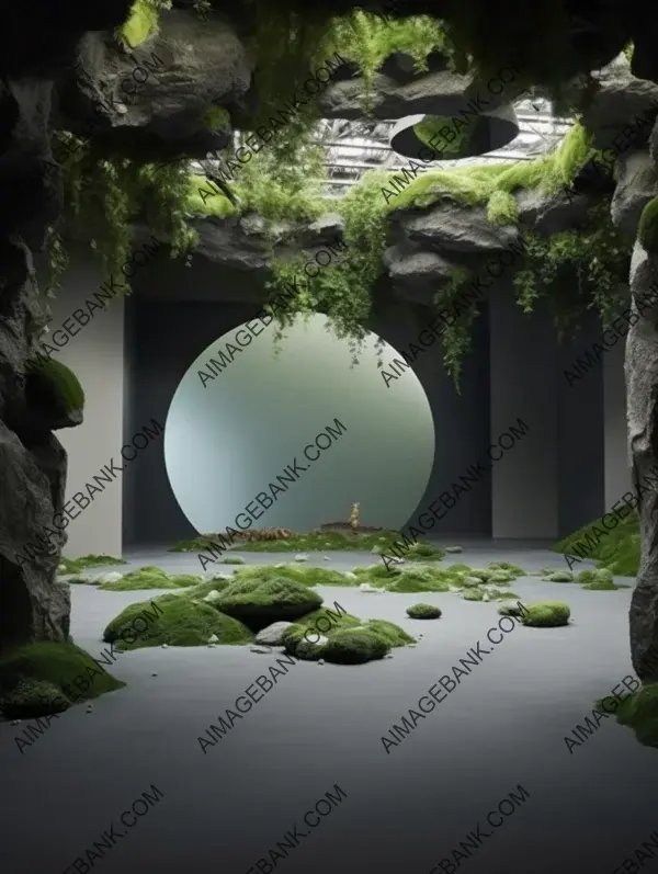 Aesthetic composition of plants and rocks on the ceiling of a Chinese room