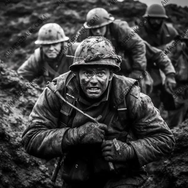 Soldiers pulling back an injured comrade from the trench in World War