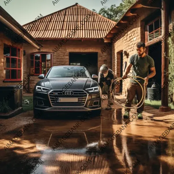 Everyday moments: Realistic photograph of a man washing his car