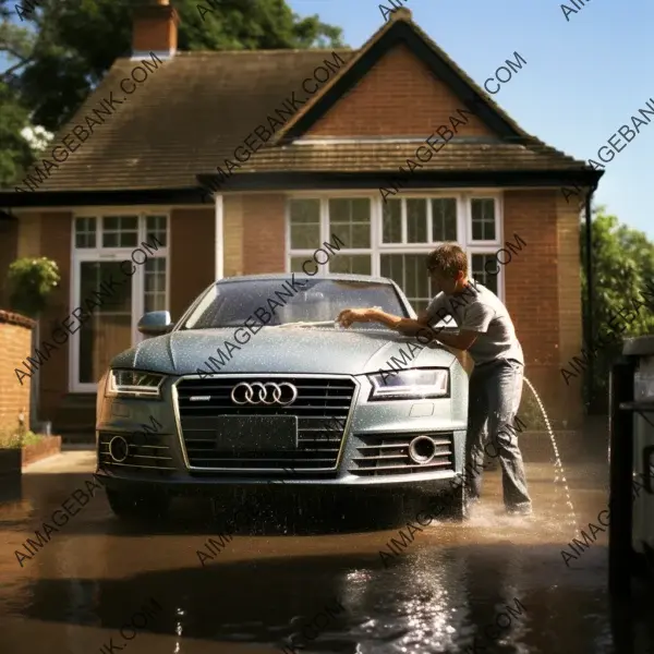 Car care rituals: Realistic photograph capturing a man washing his car