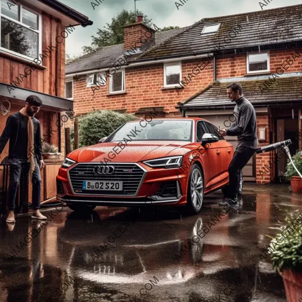 Pride in maintenance: Realistic photograph of a man meticulously washing his car