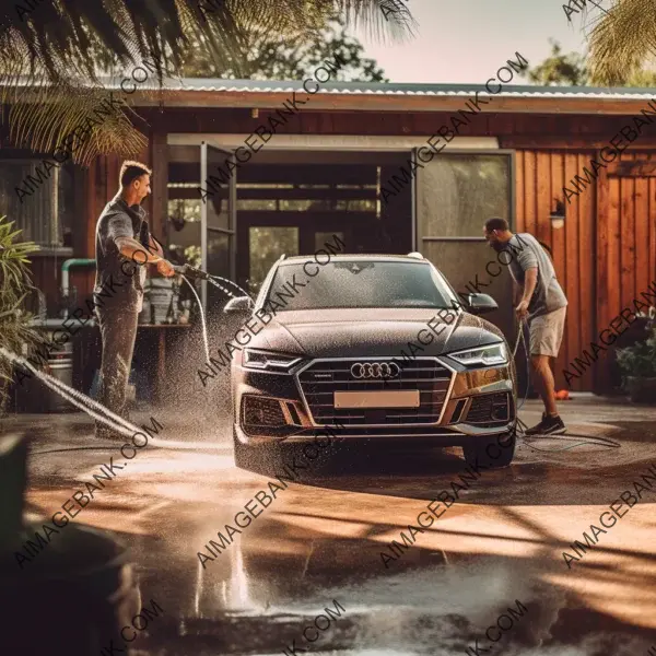 Car love affair: Realistic photograph showcasing a man&#8217;s dedication to washing his car