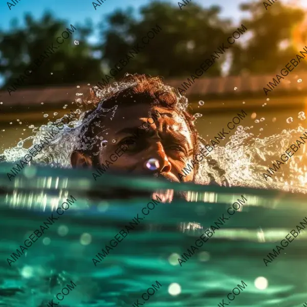 Diving into serenity: Realistic close-up photograph of a man enjoying a swim