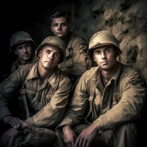 Portray three US Army soldiers in a contemplative pose during a moment of rest