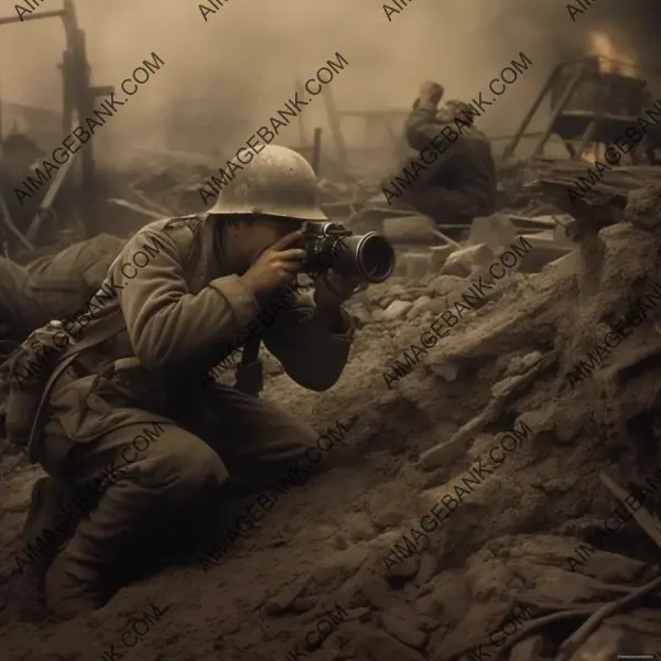 Evocative black and white photo of a worn-out and dusty Latino war correspondent